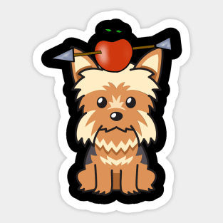 Funny Yorkshire terrier is playing william tell with an apple and arrow Sticker